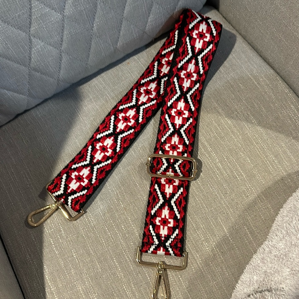 Red, black and white embroidered crossbody strap